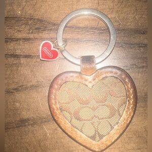 Coach Brown Signature Heart Keychain with Red Heart Charm